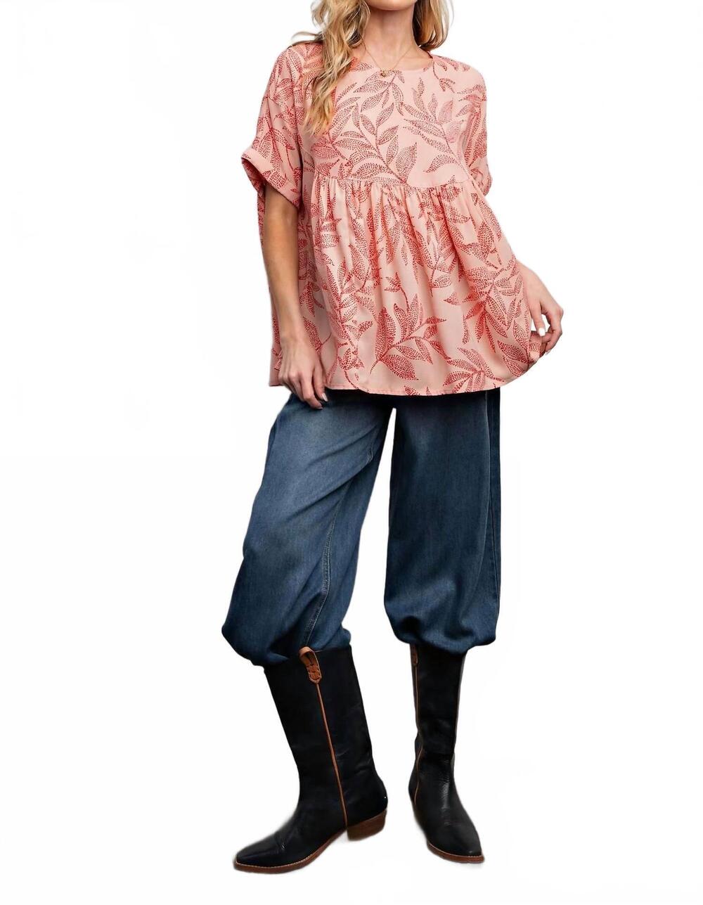 NEW EASEL leaf printed laura linen babydoll tunic top in coral / light pink